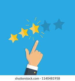 Rating selection finger. Human hands put gold rating star. Rank. Five stars. Vector