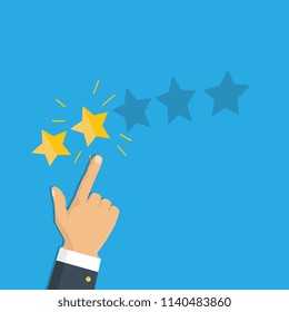 Rating selection finger. Human hands put gold rating star. Rank. Five stars. Vector