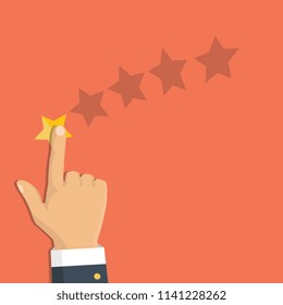 Rating selection finger. Human hands put gold rating star. Rank. Five stars. Vector