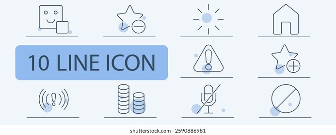 Rating set icon. Smiley, negative rating, sun, home, warning, positive rating, weak signal, stacked coins, microphone mute, restriction.