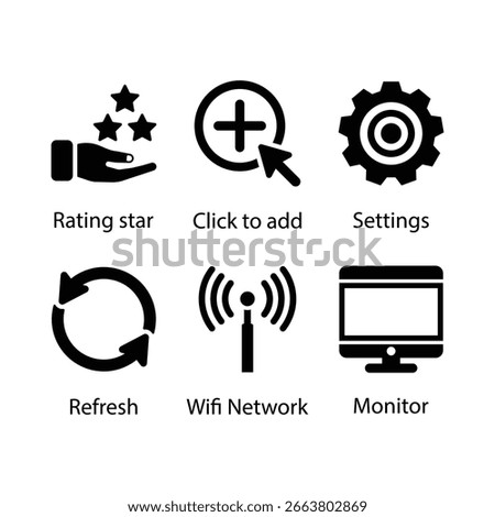 Rating star, Click to add, Settings, Refresh, Wifi Network, Monitor, icon