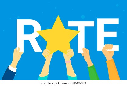 Rating star concept vector illustration of happy young people rate services and user experience. Flat human hands hold golden star and letters on blue background