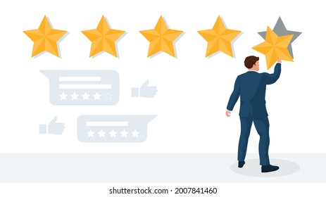 Rating star feedback evaluation, marketing review service. Client or customer voting for good quality giving five star rate, showing positive opinion and satisfaction vector illustration