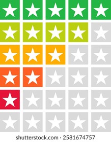 Rating star icons element set vector illustration. Vector illustration of a set of elements with asterisks for evaluation. Multi-colored buttons with stars for evaluation.
