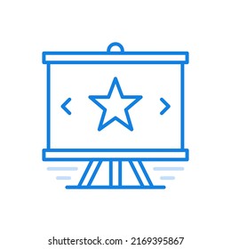 
Icono de línea vectorial de presentación de estrella de clasificación. Revisión exitosa de la información educativa con puntuaciones máximas. Junta en trípode con estrella en el centro. Satisfacción social con los hallazgos de marketing.