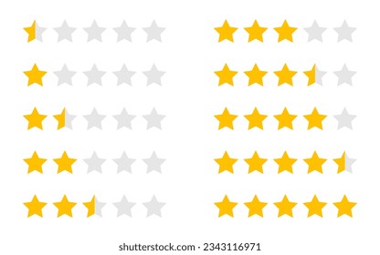 Rating star set. One to five star halfling feedback, review, rate us symbols. One to five full and half full stars.