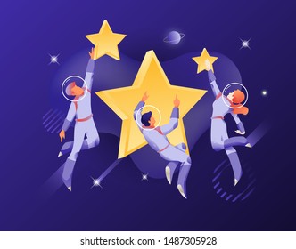 Rating stars and astronauts in spacesuits. Vector metaphor of social networks, people leave reviews, successful work is the highest score.