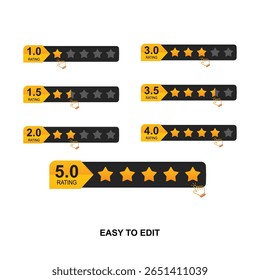 Rating stars badges. Feedback or Rating. Rank, level of satisfaction. Five stars customer product rating review. 5 star rating icon. Vector illustration.