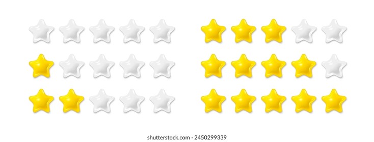 Insignias de estrellas de calificación. Icono de calificación de calidad de cinco estrellas. Comentarios de calificación de tasa Cliente. Diseño 3D realista. Para aplicaciones móviles. Comentarios de revisión de tarifas de cinco estrellas. Ilustración vectorial