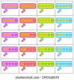 Rating stars badges. Set of different colors. The rating is five stars. Vector illustration.