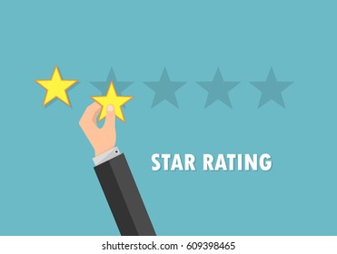 Rating stars and businessman hand giving star . Feedback concept in flat design. Vector illustration.