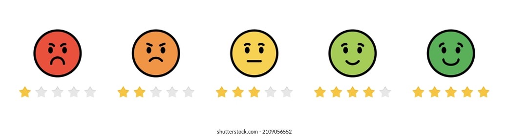 Rating stars with emotion. Customer feedback satisfaction scale. Vector isolated on white