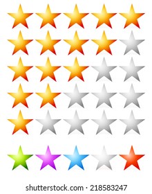 Rating stars. estimation, classification, ranking, feedback concepts. stars in yellow, green, purple, blue, grey, red colors