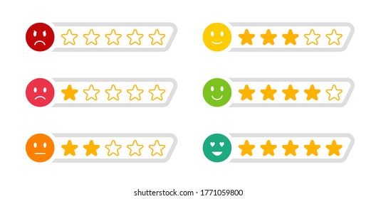 Estrellas de clasificación. Comentarios. Comentarios de los clientes. Conjunto de emoticonos. Malo y buen humor.
