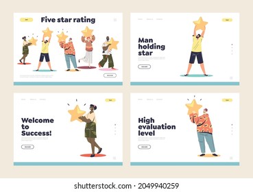 Rating stars and high evaluation level concept of set of landing pages with people hold golden stars ranking to service or business. Satisfied customers and clients concept. Clat vector illustration