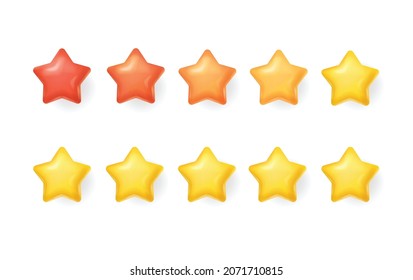 Rating stars icon for review product. Five stars red and yellow colors Collection icon design for game, ui. 3D Vector Illustrations.