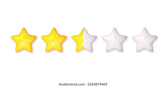Rating stars icon for review product. Realistic Five glossy stars yellow and white colors. 3D Icon for game, ui, banner, design for app, interface, game development.