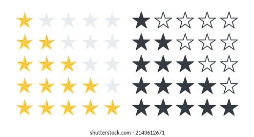 Rating stars icons. Product rating or customer review with gold stars and half star. Vector icons