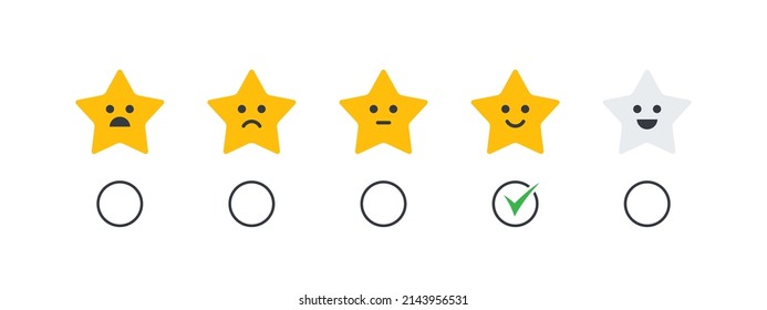 Rating stars icons. Service evaluation badges. Smileys stars icons. Vector icons