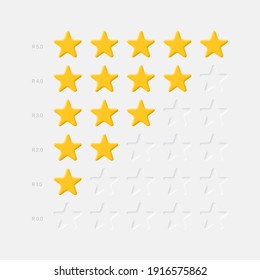 Rating Stars Icons Set Vector Light Neumorphic Design Elements On White Background. Customer Product Rating Review Or Game Achievement Neumorphism Style Yellow And Empty Star Icons