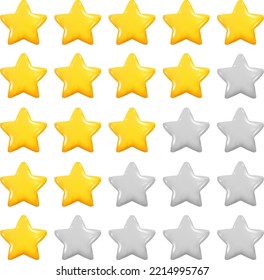 Rating Stars Icons Set Vector Light Neumorphic Design Elements On White Background. Customer Product Rating Review Or Game Achievement Neumorphism Style Yellow And Empty Star Icons. 