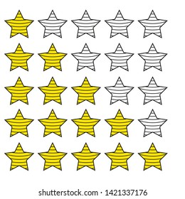 Rating stars icons. Star rates, feedback ratings and rate review. Five stars vector illustration set. Yellow star. Vector illustration