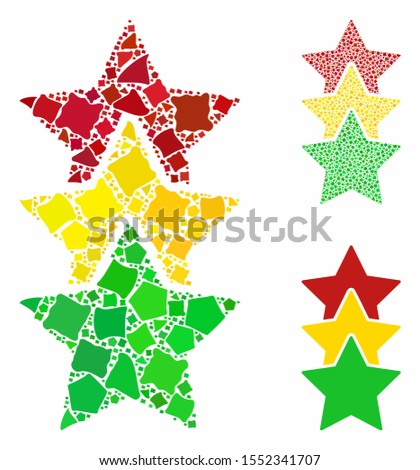 Rating stars mosaic of ragged elements in variable sizes and color tints, based on rating stars icon. Vector uneven elements are united into collage. Rating stars icons collage with dotted pattern.