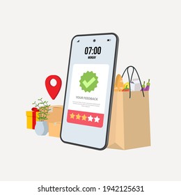 Rating stars on a smartphone with food on the background. Mobile phone with star on screen, 3d vector illustration, line art, web banner