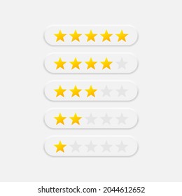 Calificar estrellas de uno a cinco iconos vectoriales en estilo neumórfico. Elementos de diseño del neutralismo. Símbolo de revisión Vector EPS 10
