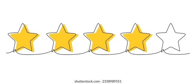 Rating stars one single hand drawing line. Vector stock illustration isolated on white background for design top review feedback web page bar, restaurant, hotel, vote. Editable stroke. EPS10