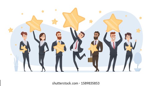 Rating stars. People holding in hands various stars of ratings and reviews vector business concept