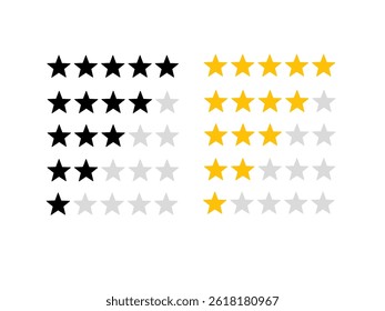Rating stars review. Flat icon. Product review stars. Five stars customer product review icon set. Quality, customer rating, feedback. 