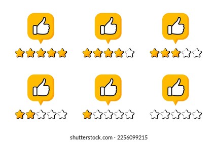 Rating stars set. Feedback evaluation with thumbs up. Customer review. User reviews with five stars ranking. Level of satisfaction. Vector illustration.