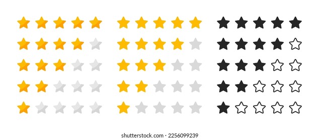 Rating stars set. Feedback evaluation. Customer review. User reviews with five stars ranking. Level of satisfaction. Vector illustration.
