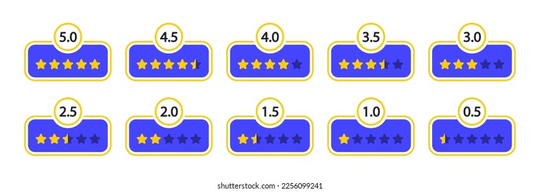 Rating stars set. Feedback evaluation. Customer review. User reviews with five stars ranking. Level of satisfaction. Vector illustration.