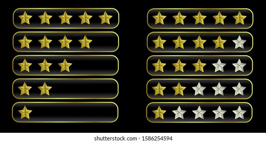 Rating stars set with golden frame. Customer review with gold star icon. 5 stars button. Feedback concept, Quality rank, Customer review, Appraisal, level rank.  Vector illustration eps10.
