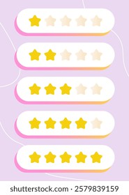 Rating stars set. User opinion and ranking. Promotion on internet and social networks. Customer satisfaction rating. UI and UX design elements. Flat vector collection isolated on pink background