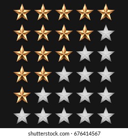 Rating stars with shadow. Gold stars - 5 to 0. Vector template for web sites, mobile app or computer games.