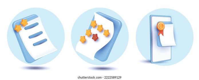 rating stars winner medal and ribbon Quality guarantee of product champion award clipboard blue 3d vector minimal sign concept work management colorful sheet icon note design business