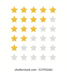 Rating stars.Gold star icon set in flat style isolated on a white background