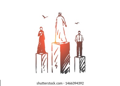 Rating, status, power, level concept sketch. Businessmen European and Arabs standing on different pedestals. Hand drawn isolated vector illustration