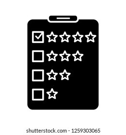 Rating survey glyph icon. Ranking research questions. Customer feedback and reviews. Silhouette symbol. Negative space. Vector isolated illustration