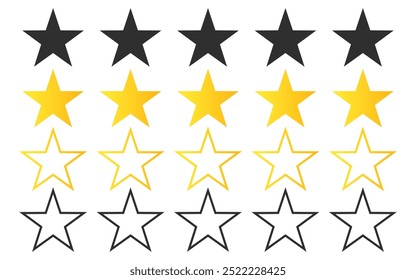 Conjunto de símbolos de calificación de cinco estrellas de contorno negro dorado amarillo puntiagudo calificación de calidad servicio de producto evaluación de calidad etiqueta de signo