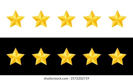 Rating symbol set of five pointed yellow golden stars quality rating product or service quality assessment simple minimal icon sign label vector design white and black background.
