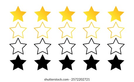 Rating symbol set of five pointed yellow golden stars quality rating product or service quality assessment simple minimal icon sign label vector design white and black background.
