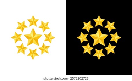 Rating symbol set of five pointed yellow golden stars quality rating product or service quality assessment simple minimal icon sign label vector design white and black background.
