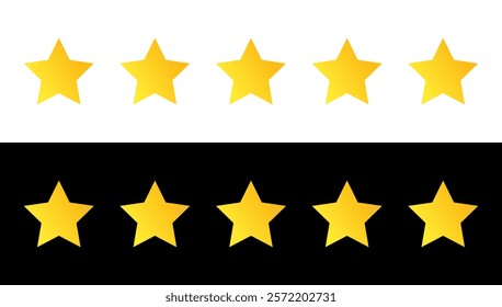 Rating symbol set of five pointed yellow golden stars quality rating product or service quality assessment simple minimal icon sign label vector design white and black background.
