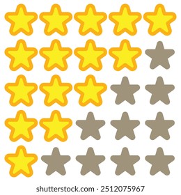 Sistema de clasificación con estrellas brillantes de 1 a 5. Iconos de estrella redondeados planos con contornos. Iconos del vector para los App móviles, UI y Sitios web