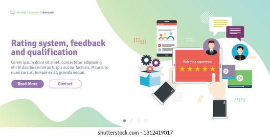 Rating system, feedback  and qualification. Rating system on tablet screen with stars. Flat design for web banner or infographic in vector illustration.