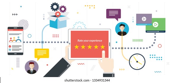 Rating system, feedback  and qualification. Rating system on tablet screen with stars. Flat design for web banner or infographic in vector illustration.